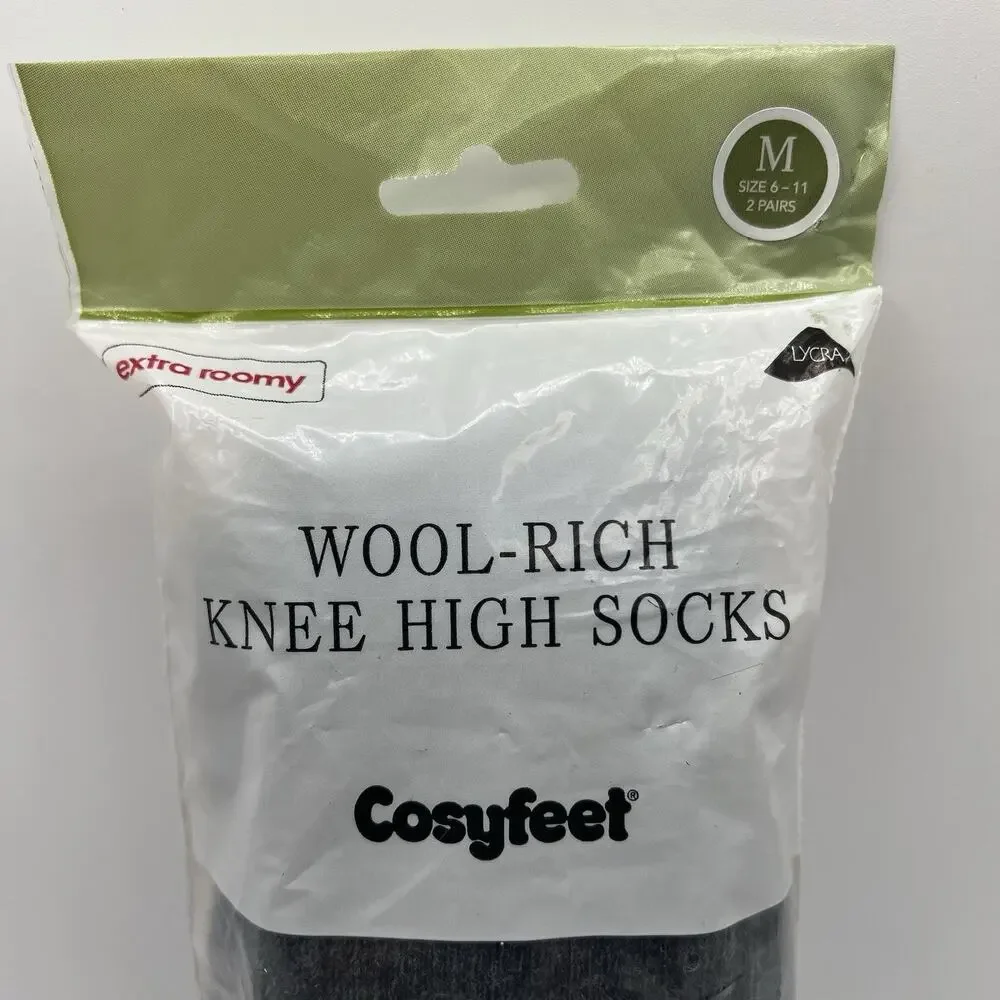 Cosyfeet Wool-Rich Knee High Socks Grey Extra Roomy Size M 6-11 2 Pairs Merino